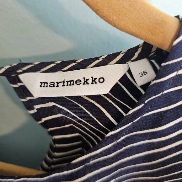 Vintage Marimekko Silk Tunic Dress — Navy & Tan Wave Stripe | Size 36 (EU) - Picture 5 of 7